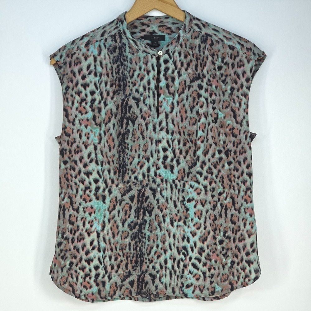 J Crew Leopard Print Blouse Women Small Sleeveless Keyhole Neck Colorful Mobwife
